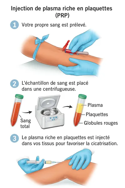 Processus d'injection de PRP — prélèvement, centrifugation, injection